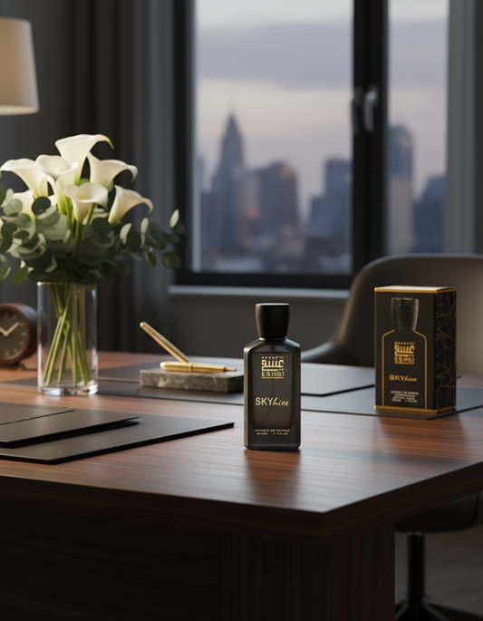 Skyline Perfume on Office Desk with Flowers