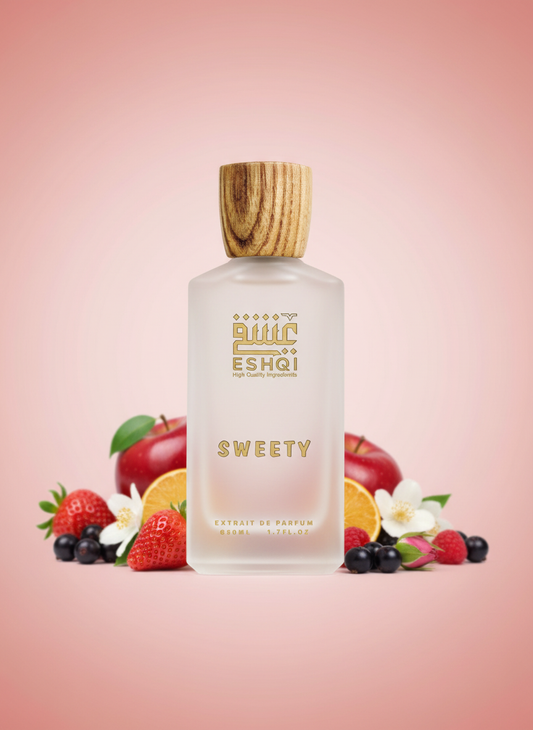 صورة احترافية لعطر ESHQI Sweety بخلفية وردية