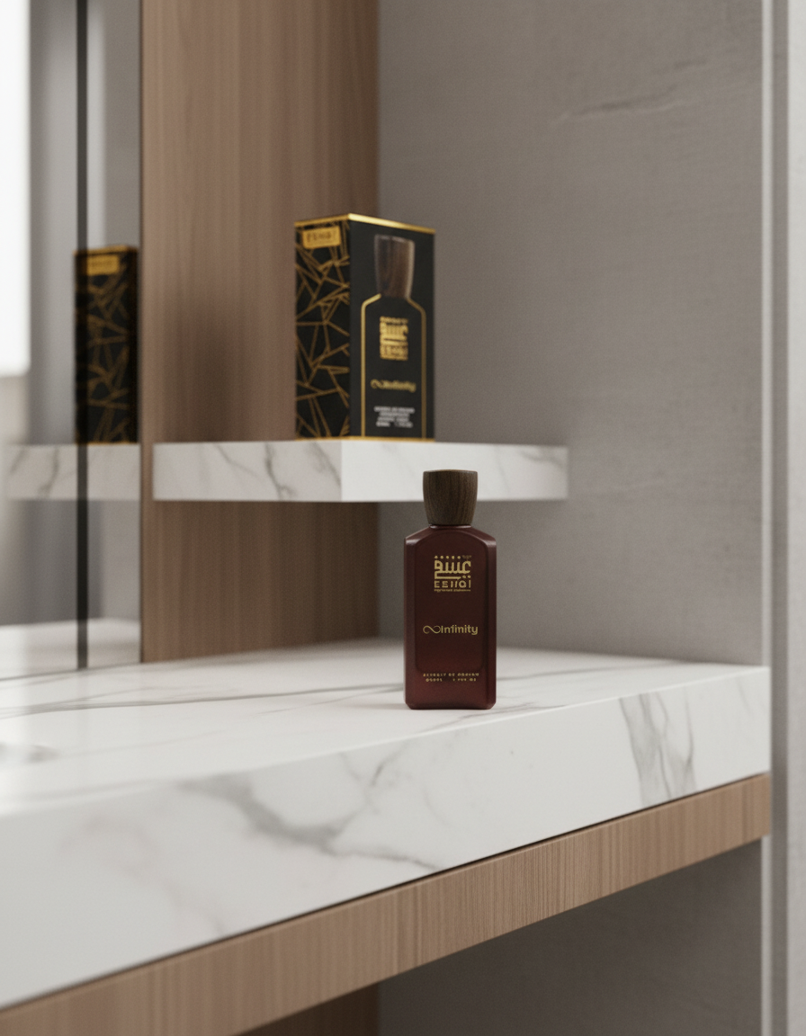 عطر Infinity مع العلبة في بيئة أنيقة