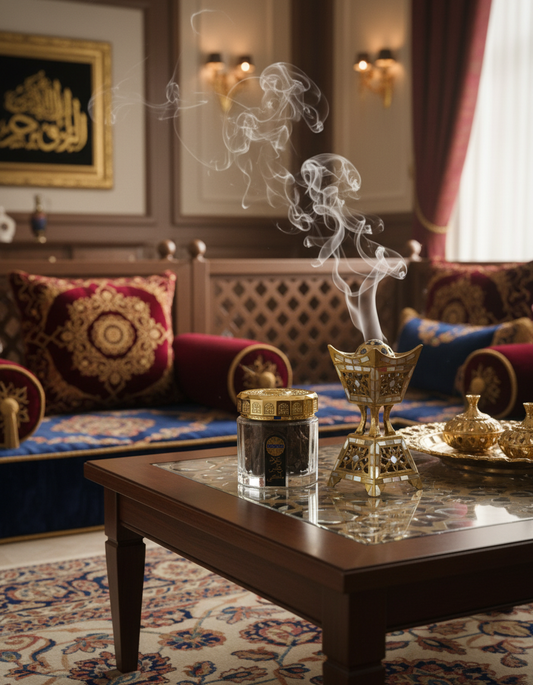 Oud Product in Luxury Majlis with Incense Burner and Smoke
